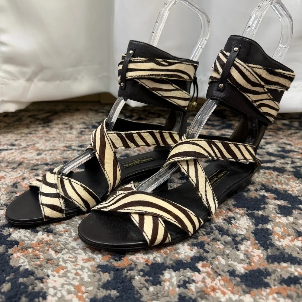 NWOT Pierre Balmain ‘Amelie’ Zebra Print Pony Hair Strappy Zip-Back Sandals Sz 6